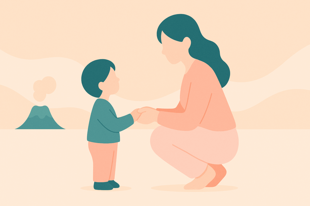 Wutausbrüche beim Kind begleiten - mit nur drei Sätzen! Illustration: Erwachsene Person kniet ruhig vor einem kleinen Kind und hält liebevoll seine Hände, um einen Wutausbruch zu begleiten und Sicherheit zu geben.