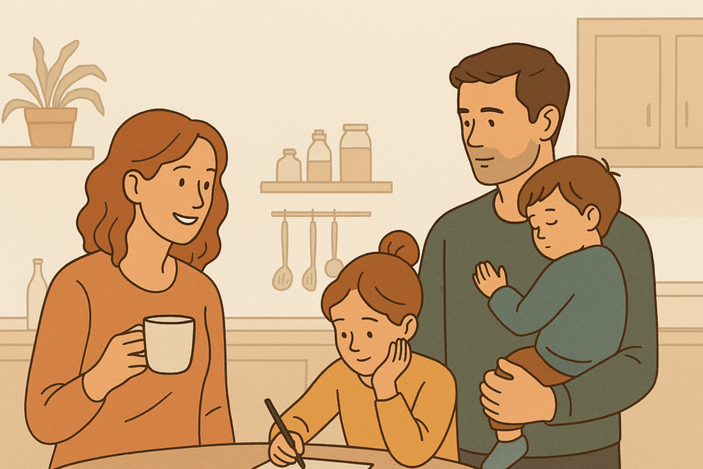 Wie du euren Alltag leichter machst, ohne alles perfekt zu lösen Illustration einer entspannten Mutter, die ihrem Kind Halt gibt – warm, freundlich und alltagsnah dargestellt.