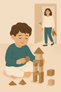 Illustration: Kind vertieft im Bausteinspiel, Mutter wartet im Hintergrund – Symbol für Tunnelblick und Nicht-Hören im Familienalltag