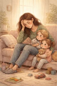 Müde Mutter sitzt auf dem Sofa, zwei kleine Kinder lehnen sich an sie. Illustration zeigt emotionale Erschöpfung im Familienalltag, Nähe, Bindung und Überforderung einer Mama mit Kindern.