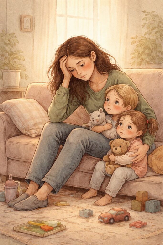 Müde Mutter sitzt auf dem Sofa, zwei kleine Kinder lehnen sich an sie. Illustration zeigt emotionale Erschöpfung im Familienalltag, Nähe, Bindung und Überforderung einer Mama mit Kindern.