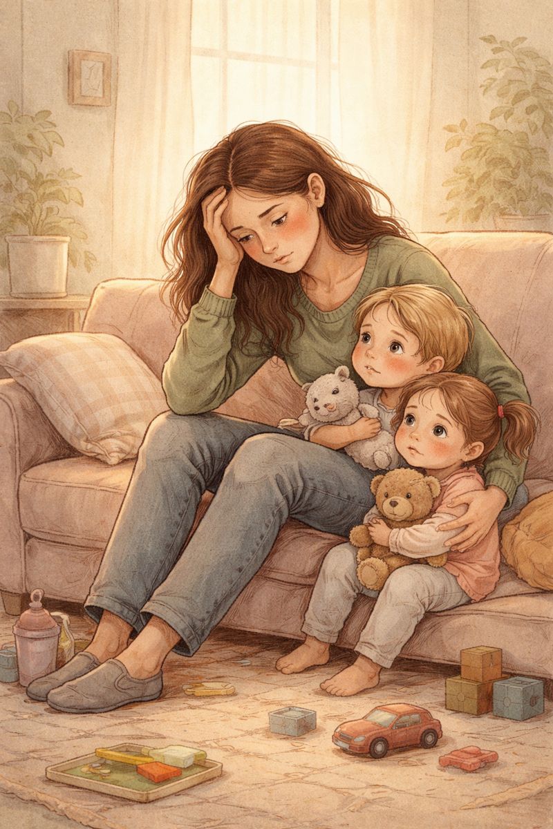 Müde Mutter sitzt auf dem Sofa, zwei kleine Kinder lehnen sich an sie. Illustration zeigt emotionale Erschöpfung im Familienalltag, Nähe, Bindung und Überforderung einer Mama mit Kindern.