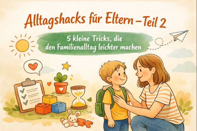 Illustration einer müden, aber liebevollen Mutter im Familienalltag, die Ruhe und Verbundenheit ausstrahlt; warmes, illustratives Beitragsbild für Alltagshacks für Eltern.